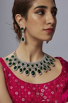 White Finish Emerald Stone & Zircon Necklace Set