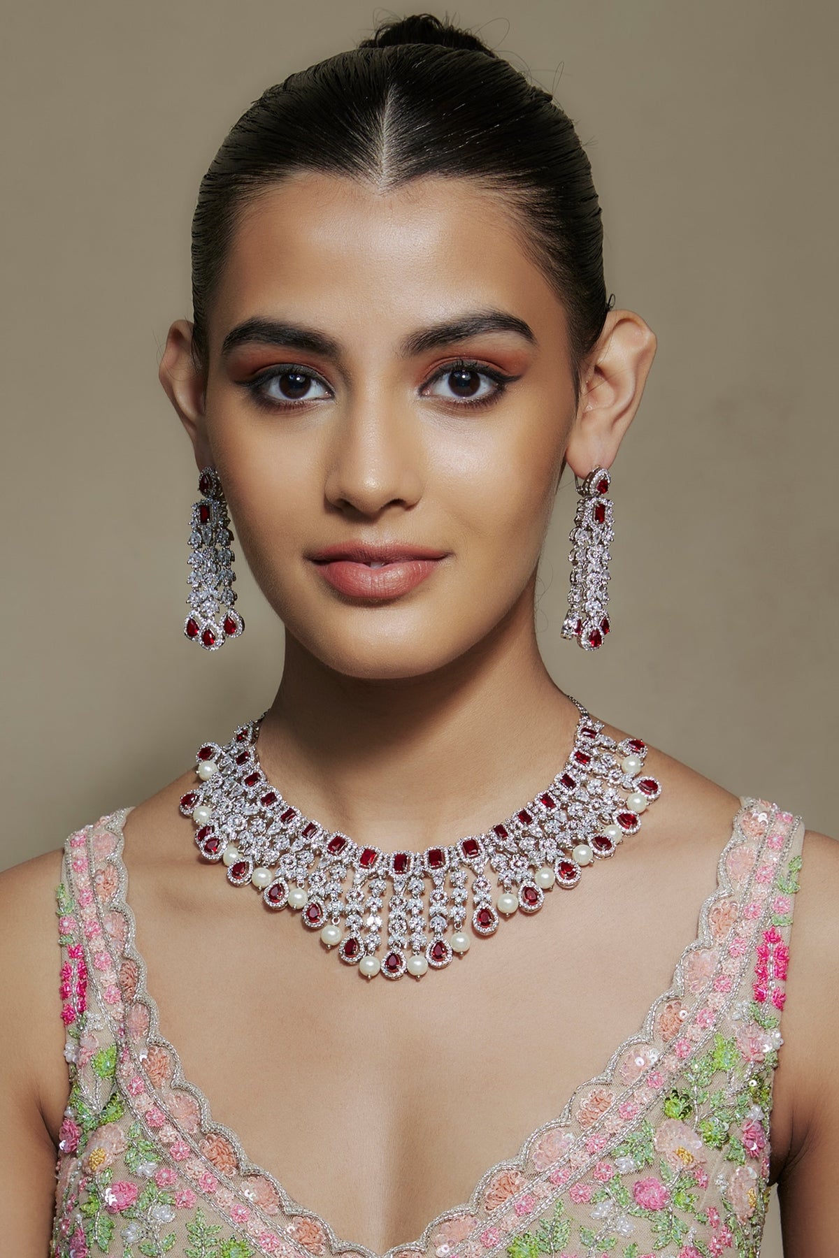 White Finish Ruby & Zircon Necklace Set