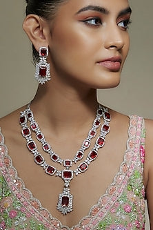 White Finish Ruby & Zircon Layered Necklace Set