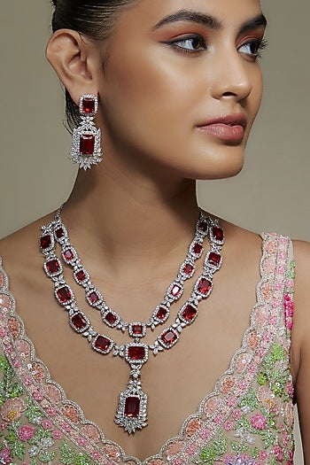White Finish Ruby & Zircon Layered Necklace Set