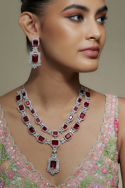 White Finish Ruby & Zircon Layered Necklace Set