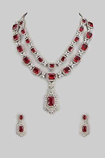 White Finish Ruby & Zircon Layered Necklace Set