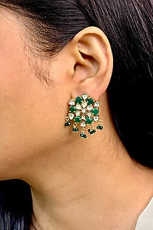 Gold Finish Kundan Polki & Green Stone Stud Earrings