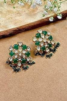 Gold Finish Kundan Polki & Green Stone Stud Earrings