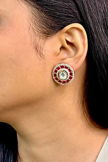 Gold Finish Kundan Polki & Pink Stone Stud Earrings