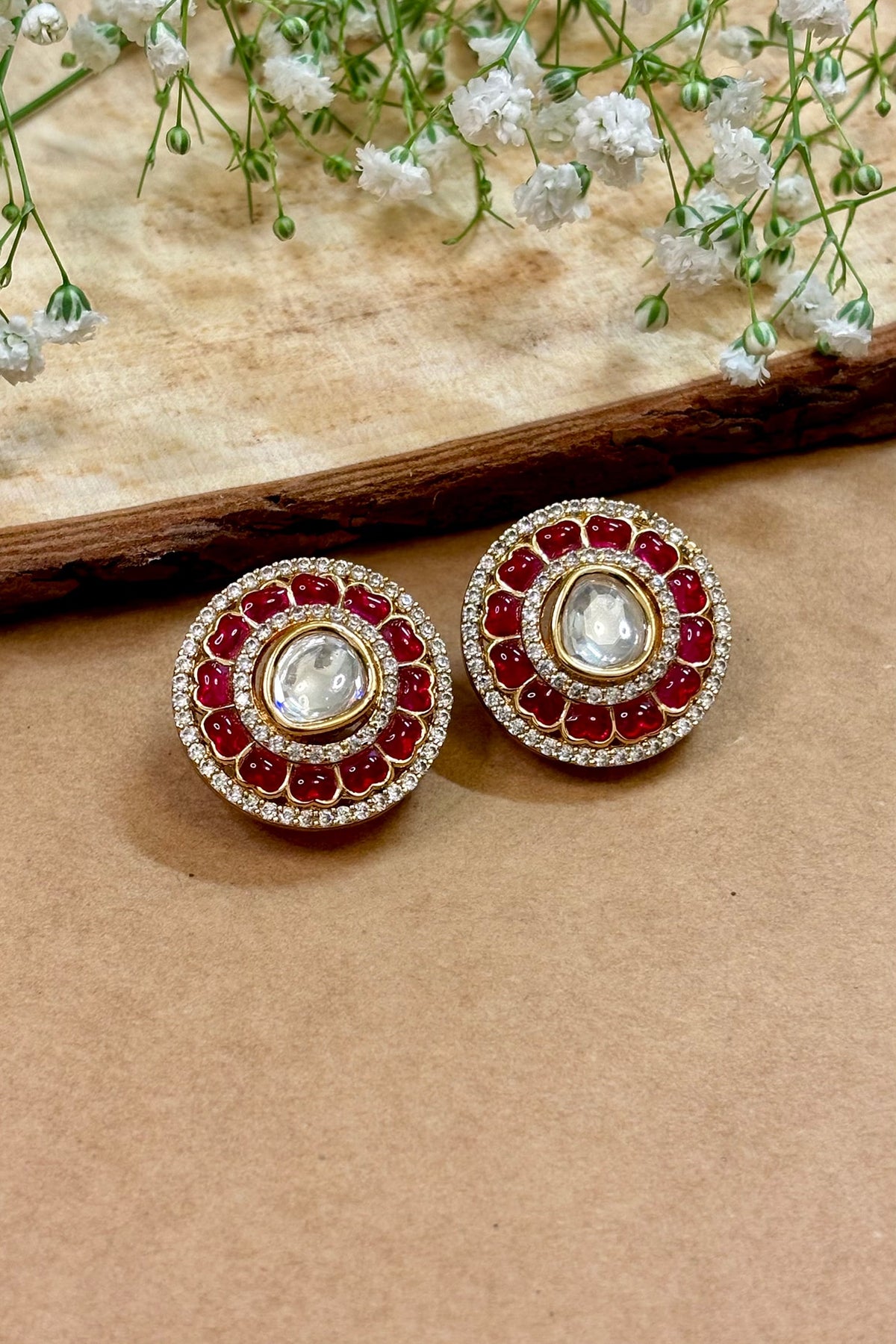 Gold Finish Kundan Polki & Pink Stone Stud Earrings