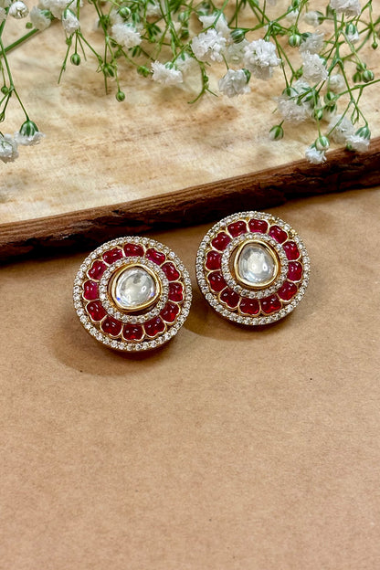 Gold Finish Kundan Polki & Pink Stone Stud Earrings