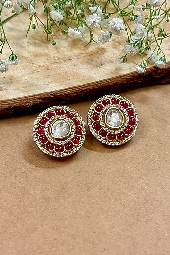 Gold Finish Kundan Polki & Pink Stone Stud Earrings