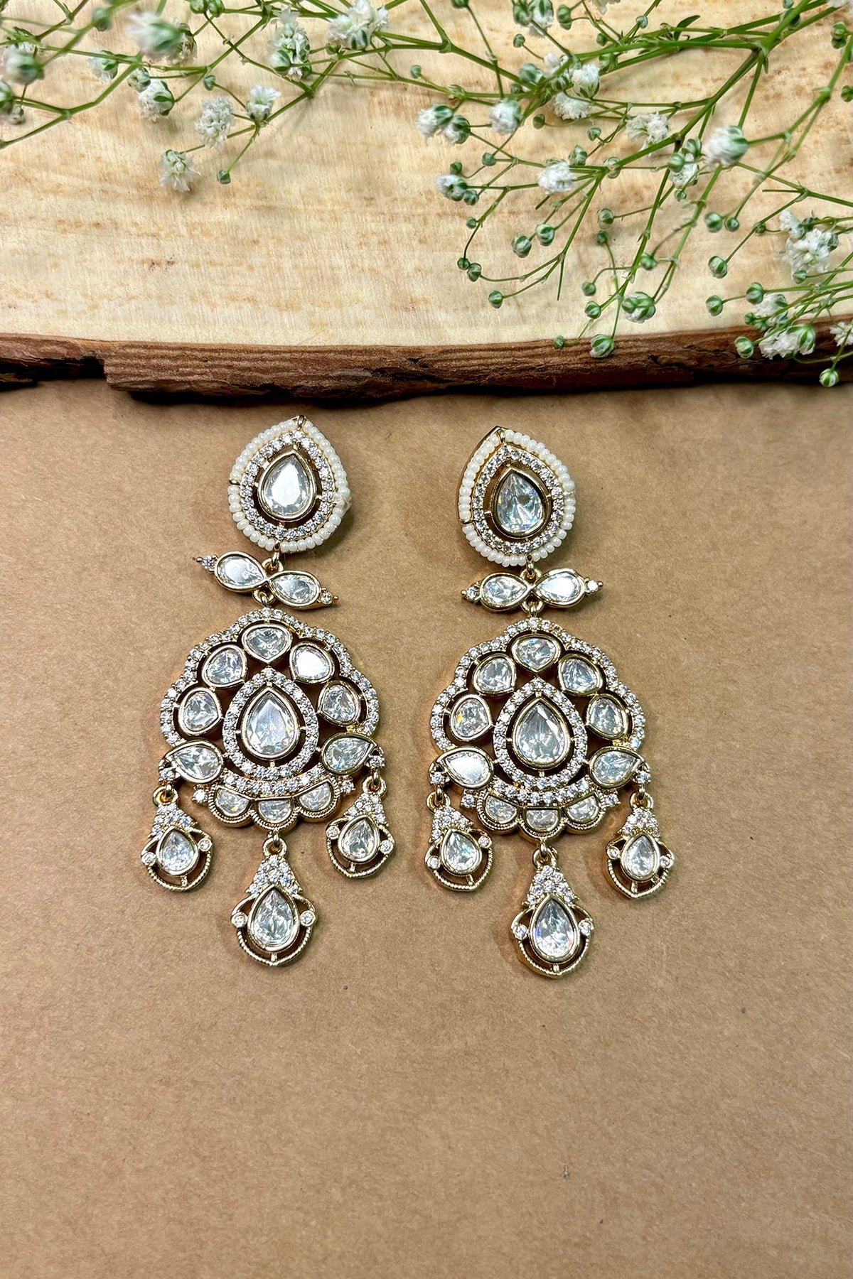 Gold Finish Kundan Polki Dangler Earrings
