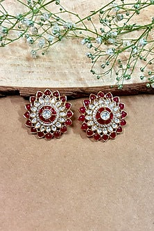 Gold Finish Kundan Polki & Pink Stone Stud Earrings