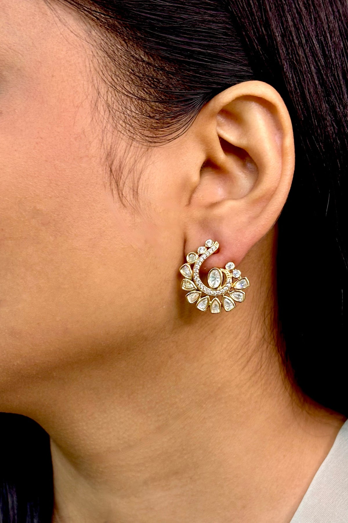 Gold Finish Kundan Polki Stud Earrings