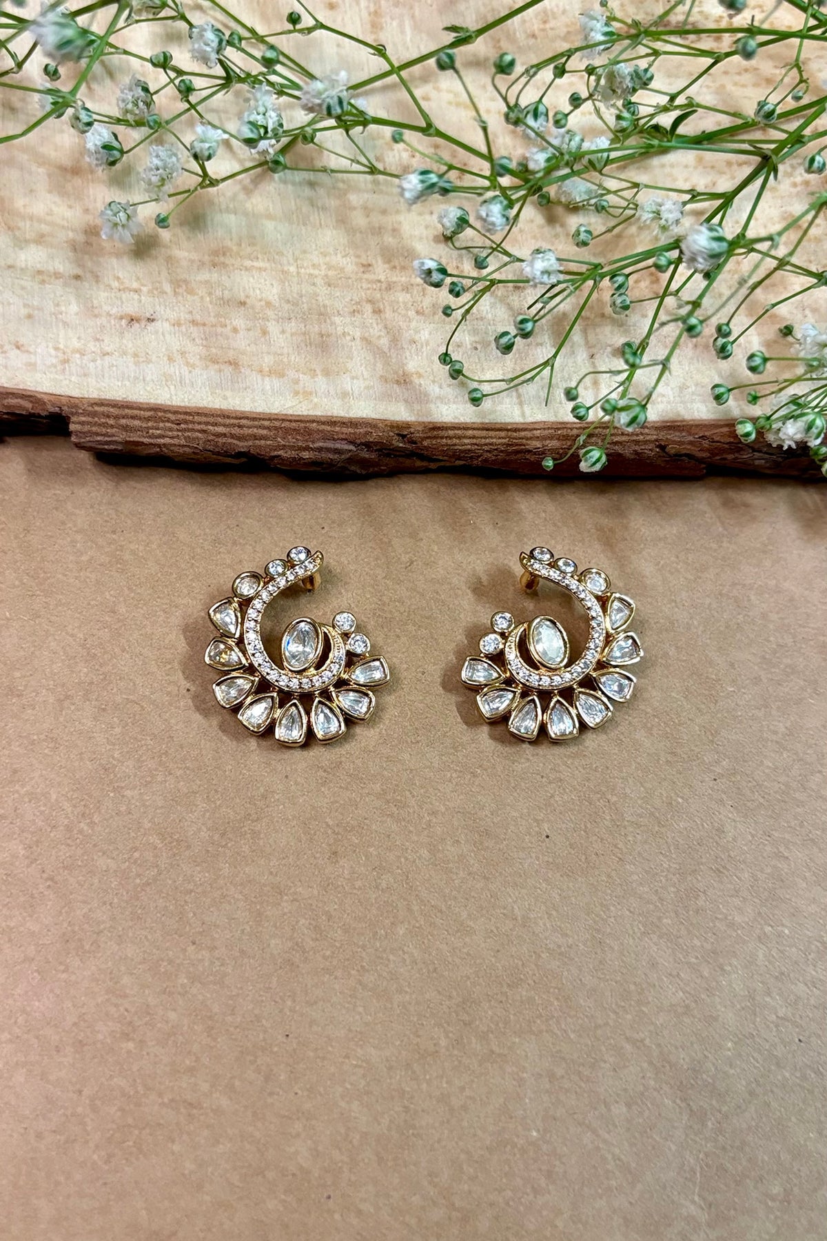 Gold Finish Kundan Polki Stud Earrings