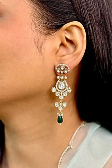 Gold Finish Kundan Polki & Green Beaded Dangler Earrings
