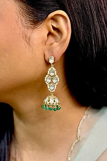 Gold Finish Kundan Polki & Green Beaded Jhumka Earrings