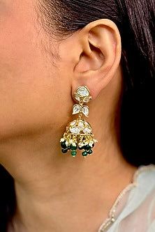 Gold Finish Kundan Polki & Green Beaded Jhumka Earrings
