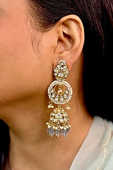 Gold Finish Kundan Polki & Beaded Jhumka Earrings