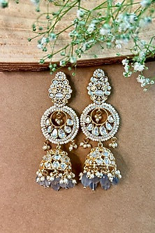 Gold Finish Kundan Polki & Beaded Jhumka Earrings