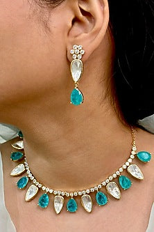 Gold Finish Kundan Polki & Blue Stone Choker Necklace Set