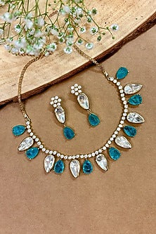 Gold Finish Kundan Polki & Blue Stone Choker Necklace Set
