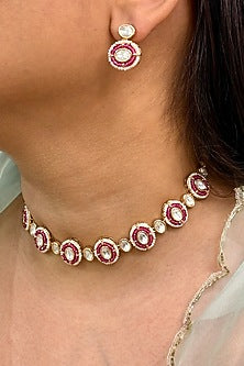 Gold Finish Kundan Polki & Pink Stone Choker Necklace Set