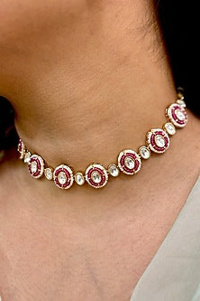 Gold Finish Kundan Polki & Pink Stone Choker Necklace Set