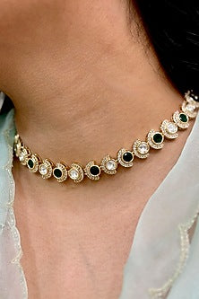Gold Finish Kundan Polki & Green Stone Choker Necklace Set