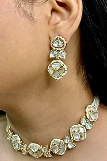 Gold Finish Kundan Polki & White Pearl Choker Necklace Set
