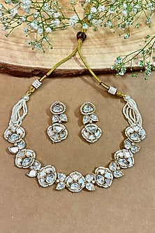 Gold Finish Kundan Polki & White Pearl Choker Necklace Set