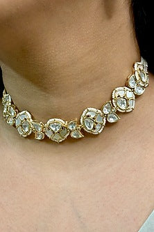 Gold Finish Kundan Polki & White Pearl Choker Necklace Set