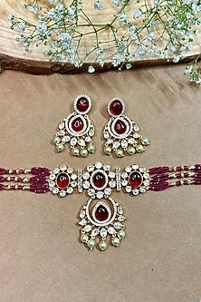 Gold Finish Kundan Polki & Ruby Stone Choker Necklace Set