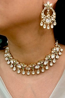 Gold Finish Kundan Polki & Droplet Choker Necklace Set