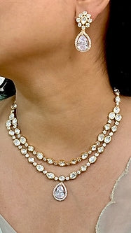 Gold Finish Kundan Polki & Pearl Enameled Layered Necklace Set
