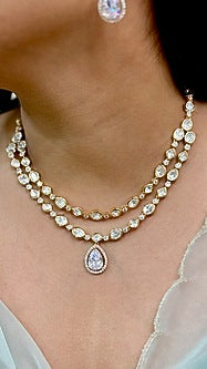 Gold Finish Kundan Polki & Pearl Enameled Layered Necklace Set