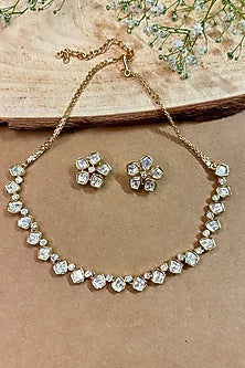 Gold Finish Kundan Polki & Pearl Enameled Floral Necklace Set