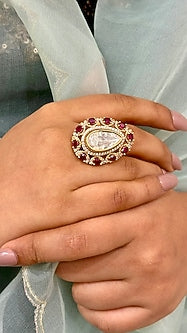 Gold Finish Kundan Polki & Rose Pink Stone Enameled Handcrafted Ring