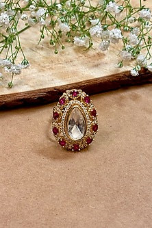 Gold Finish Kundan Polki & Rose Pink Stone Enameled Handcrafted Ring