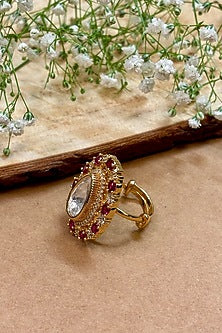 Gold Finish Kundan Polki & Rose Pink Stone Enameled Handcrafted Ring