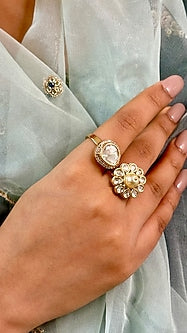 Gold Finish Kundan Polki & Pearl Handcrafted Double-Finger Ring