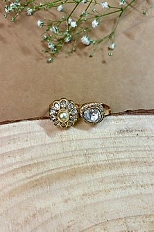 Gold Finish Kundan Polki & Pearl Handcrafted Double-Finger Ring