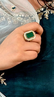 Gold Finish Kundan Polki & Emerald Stone Handcrafted Enameled Ring