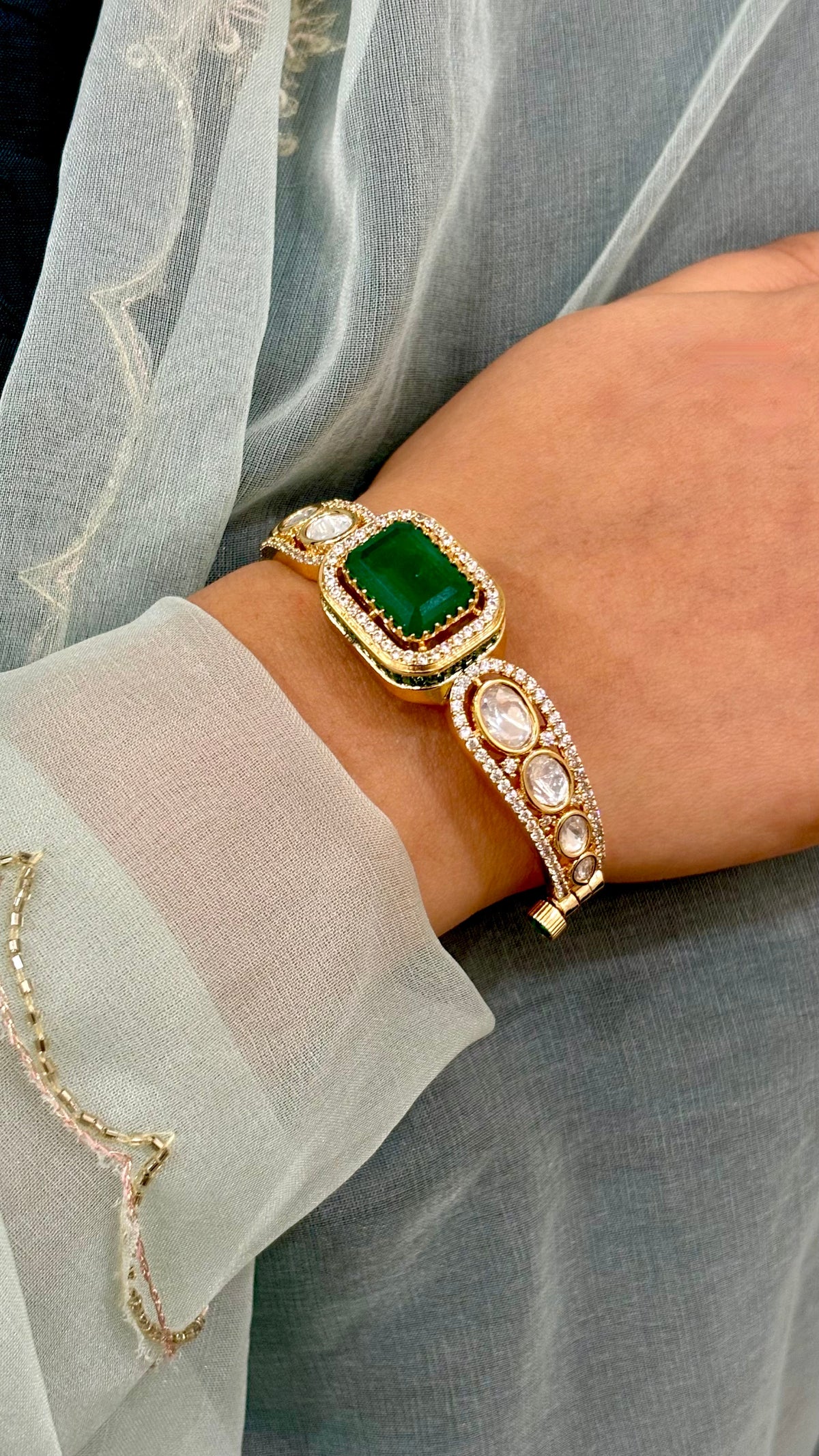 Gold Finish Kundan Polki & Green Stone Handcrafted Enameled Bracelet