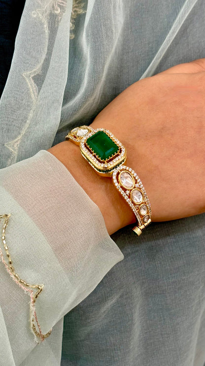 Gold Finish Kundan Polki & Green Stone Handcrafted Enameled Bracelet