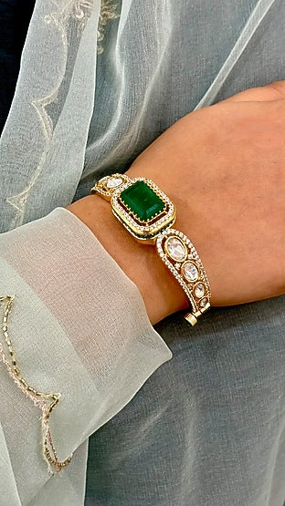 Gold Finish Kundan Polki & Green Stone Handcrafted Enameled Bracelet