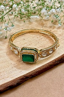 Gold Finish Kundan Polki & Green Stone Handcrafted Enameled Bracelet