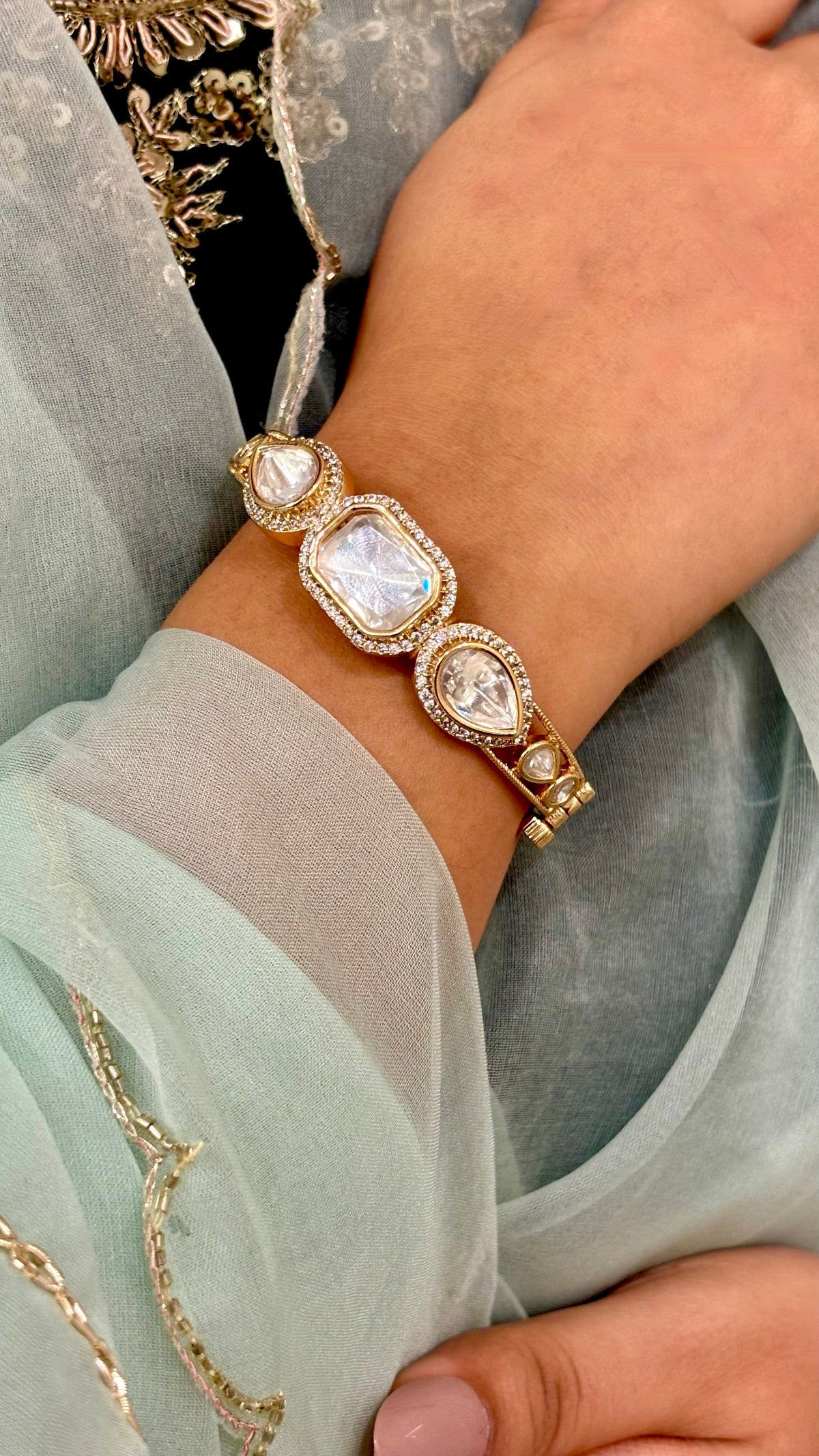 Gold Finish Kundan Polki & Pink Stone Handcrafted Enameled Bracelet
