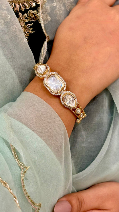 Gold Finish Kundan Polki & Pink Stone Handcrafted Enameled Bracelet