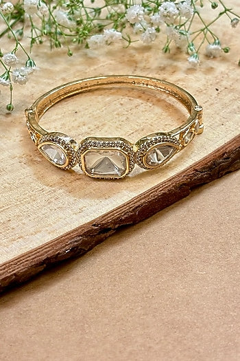 Gold Finish Kundan Polki & Pink Stone Handcrafted Enameled Bracelet