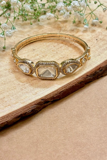 Gold Finish Kundan Polki & Pink Stone Handcrafted Enameled Bracelet
