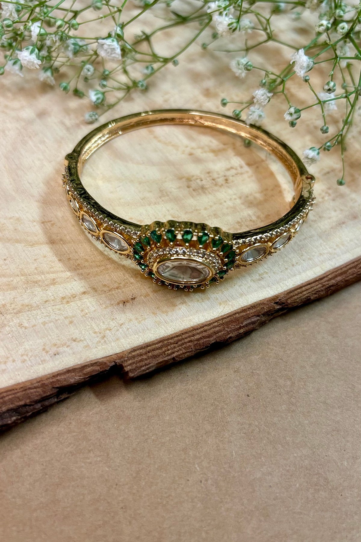 Gold Finish Kundan Polki & Green Stone Handcrafted Enameled Bracelet