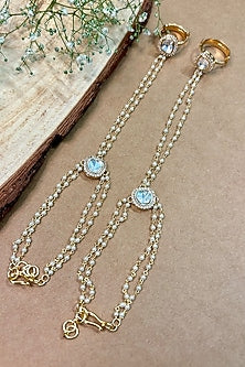 Gold Finish Kundan Polki & White Beaded Handcrafted Enameled Hathphool (Set Of 2)